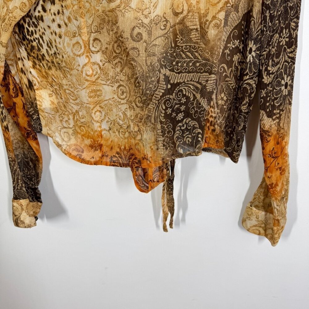 Carrou Collection Boho Tie Front Blouse Size 3 Brown Orange Sheer Resort Wear - Picture 12 of 14